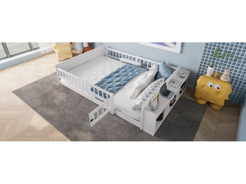  Lit enfant 140x190 cm blanc en bois de pin et mdf avec rangement ouvert  - Conforama W