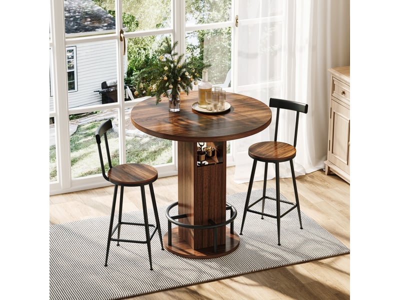  Ensemble bar 3 pièces avec table ronde 80 cm et 2 tabourets, noyer, acier  - Conforama B