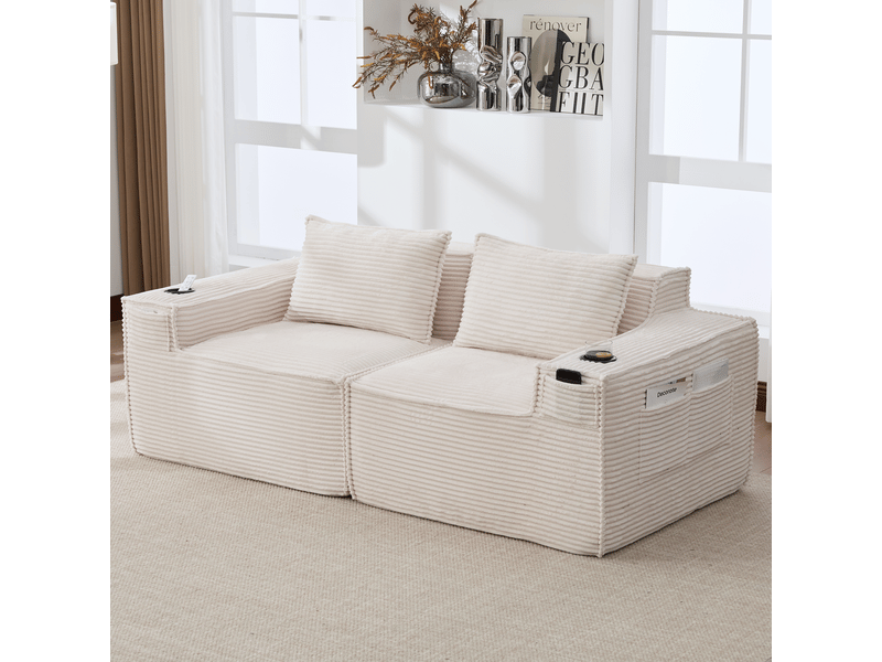 Canapé droit modulable 2 places avec porte-gobelets - lpospi - poches latérales, velours côtelé beige - Conforama C