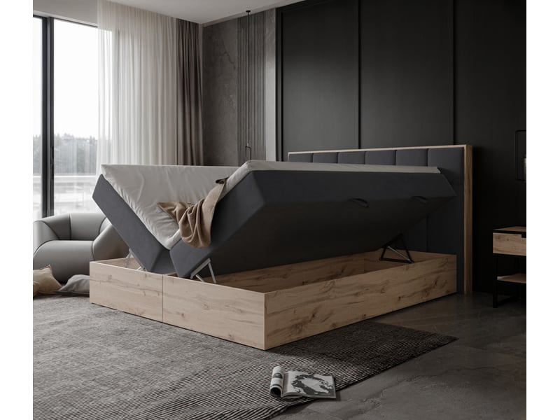 Lit adulte lavio ii - 140x200 cm - matelas ressorts + surmatelas - coffre de rangement - velours doux hydrofuge gris foncé LAVIO II - Conforama C