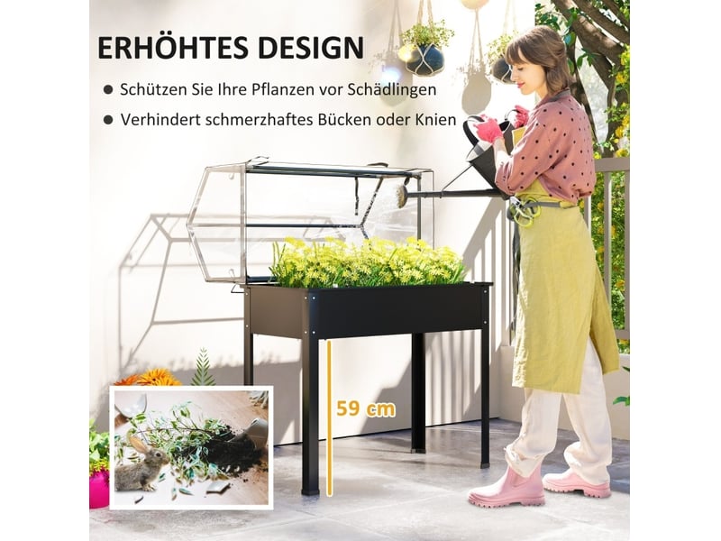  Jardinière surélevée avec serre 100 x 48 x 124 cm – noire – drainage et toit transparent  - Conforama D