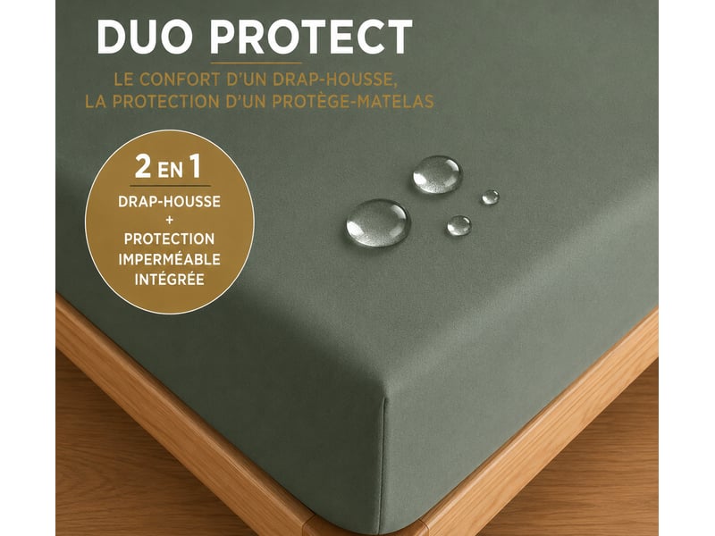  Drap housse 2 en 1 imperméable 90 x 190 cm coton 57 fils duo protect romarin CP-DHDUOPROTECT90-ROMARIN - Conforama B