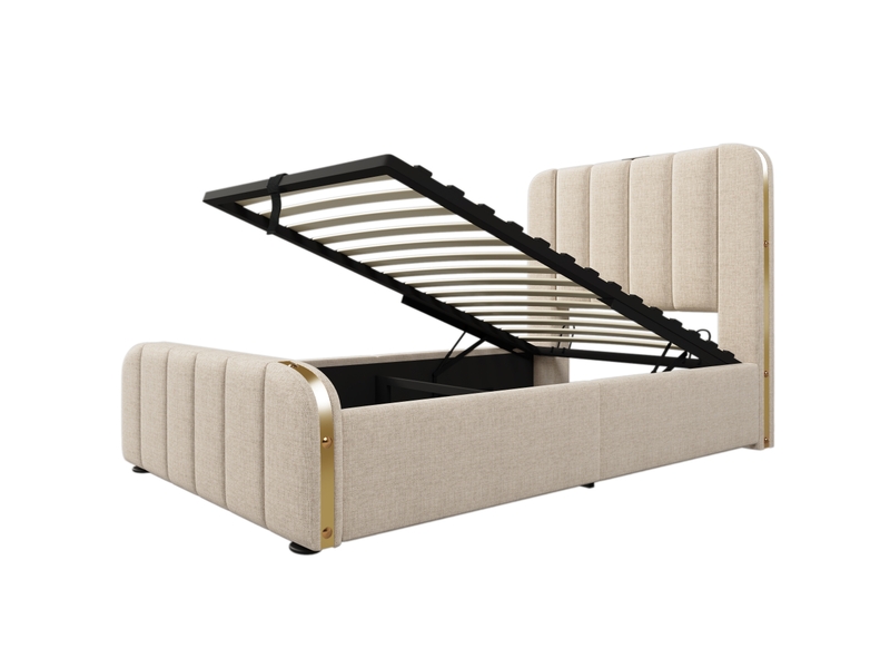  Lit coffre adulte 90x200 cm – beige – rangement hydraulique, usbtype-c, sommier et matelas inclus  - Conforama D