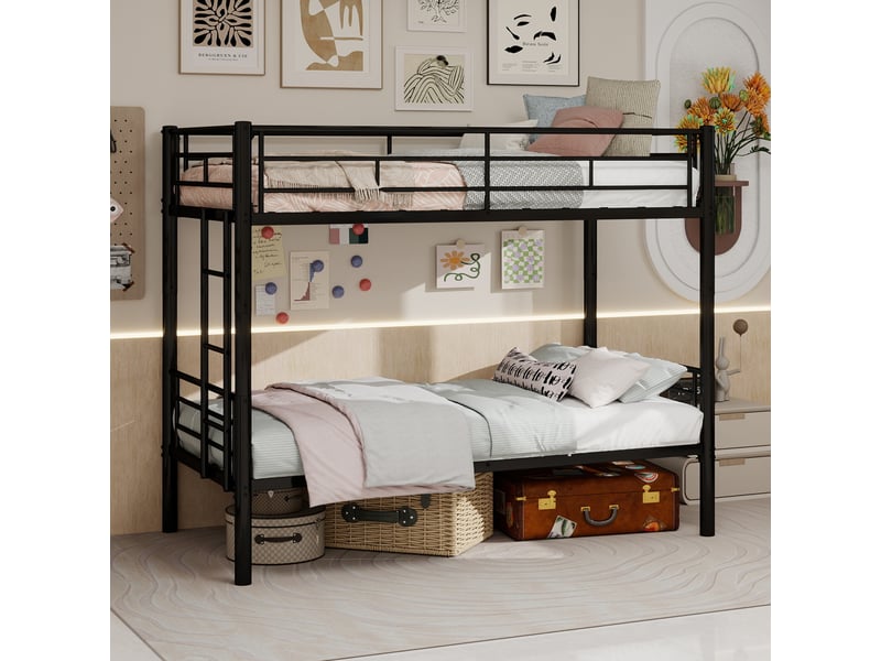  Lit superposé en métal noir 90×190 cm, séparable en 2 lits simples, échelle, garde-corps intégrés, à assembler  - Conforama B