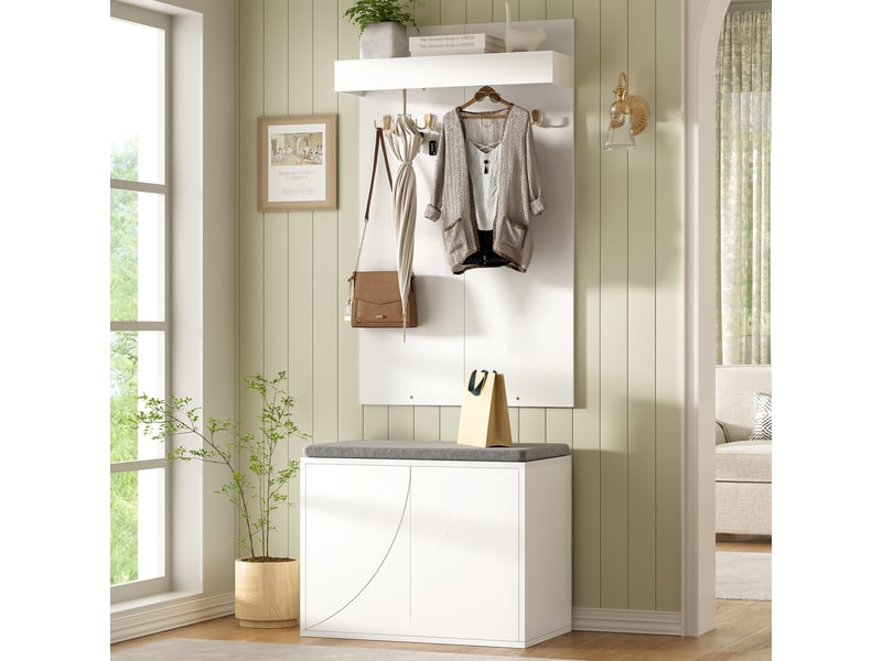  Ensemble vestiaire 3 en 1 blanc, panneau de particules, 35 × 60 × 145 cm, 2 portes, 4 crochets, banc intégré, pour entrée  - Conforama C