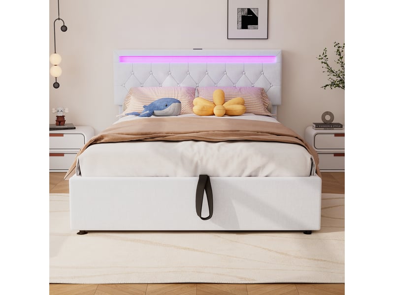 Lit coffre 140x200cm, lit double avec led, tête de lit réglable et sommier, rangement, charge, lin blanc, sans matelas - Conforama W
