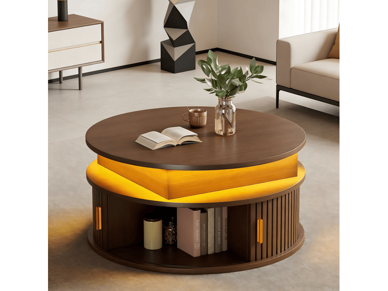  Table basse ronde ø 75 cm relevable avec rangement et led, finition noyer  - Conforama D