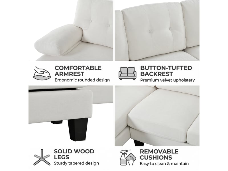  Canapé panoramique 4 places en forme de u, revêtement chenille beige, dossier capitonné et structure stable pour salon moderne  - Conforama E