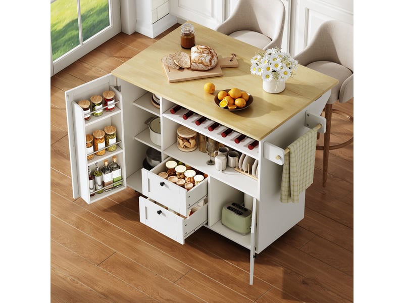 Îlot de cuisine sur roulettes avec plateau pliant, chariot de cuisine blanc et bois, 104x69x89 cm - Conforama B
