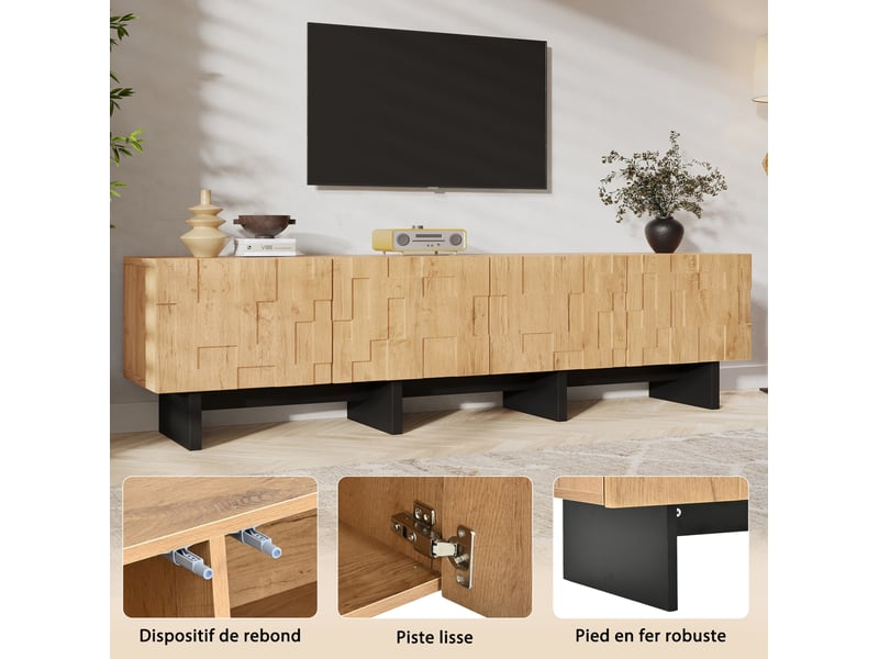  Meuble tv 4 portes, 4 rangements fermés à ouverture par pression, pieds noirs, salon, mdf naturel 180 × 38,5 × 45 cm  - Conforama D