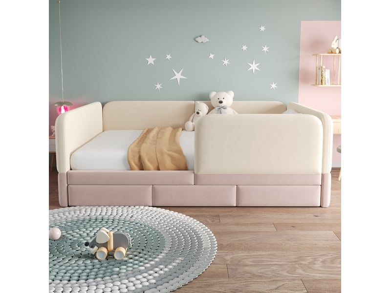  Lit enfant, 140x200 cm, espace nuit, avec 3 tiroirs de rangement, matelas non inclus, velours, coloris beige et rose  - Conforama D