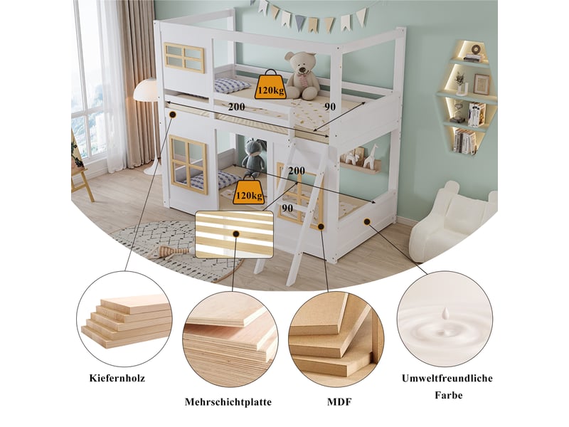  Lit superposé enfant 90x200 cm, barrières de sécurité quatre côtés, structure pin et mdf, design maison avec fenêtres, blanc et naturel  - Conforama E