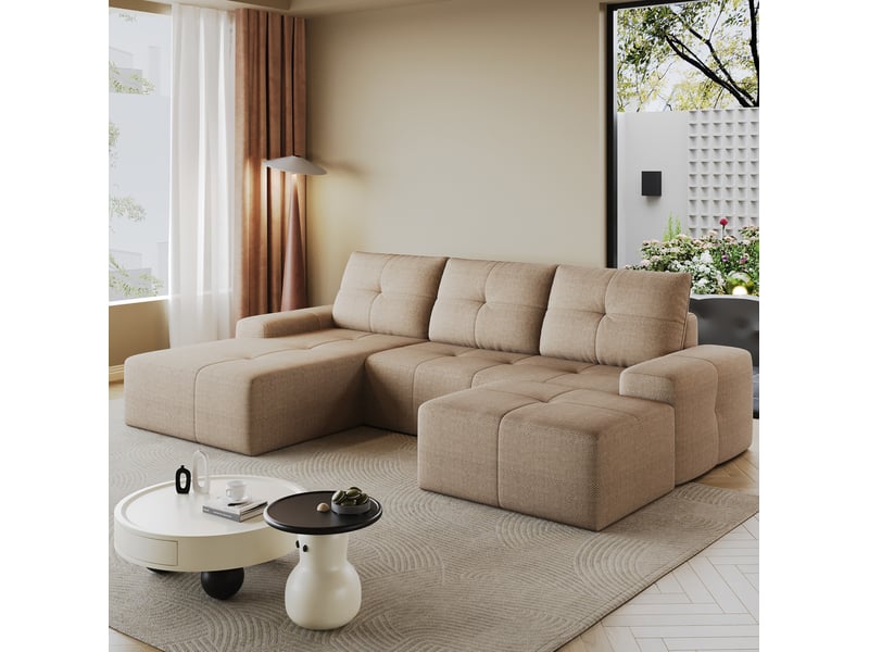  Canapé d’angle nuage 4 places avec pouf, en tissu kaki, 262x172x82 cm  - Conforama W