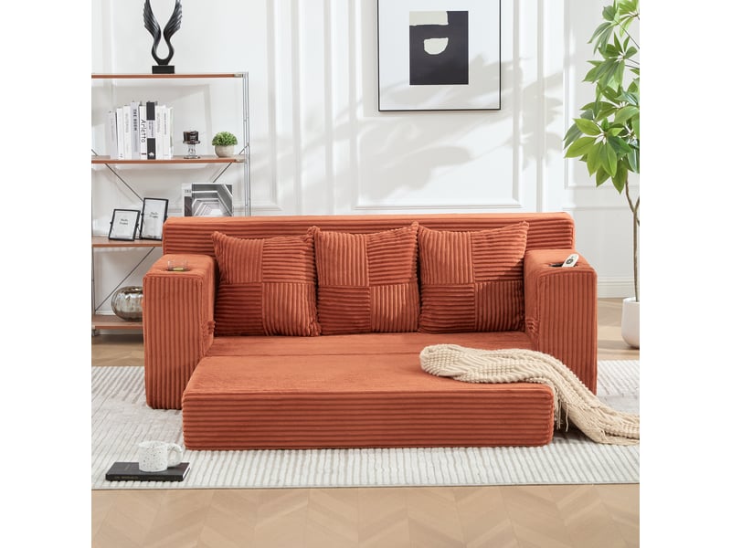 Canapé trois places avec porte-gobelets et poches latérales, design sans cadre, larges assises - orange - Conforama D
