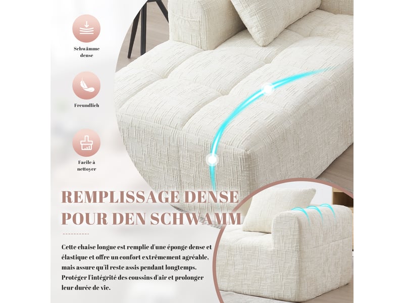 Méridienne fixe en chenille beige 158x90x60 cm avec coussin et poche latérale, assise moelleuse pour salon 158x90x60cm - Conforama E