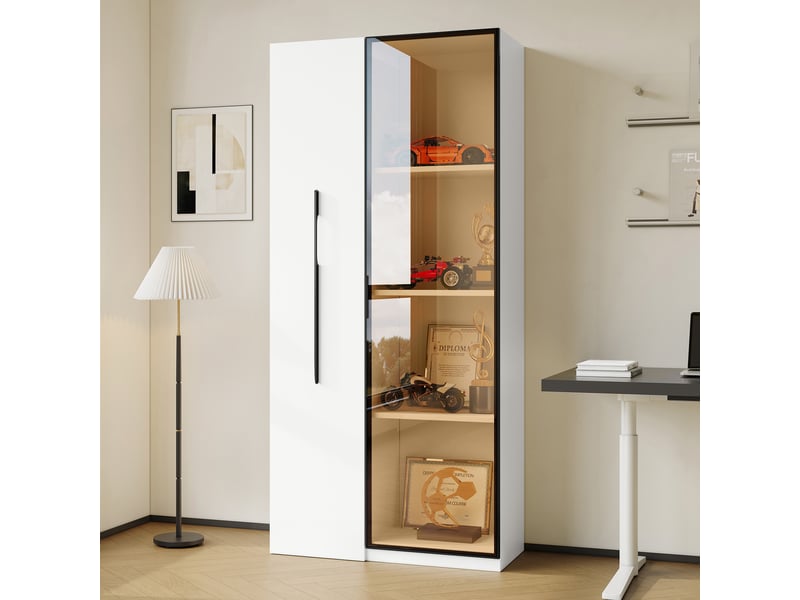  Armoire multifonction 160 cm blanche, vitrine avec éclairage led et bibliothèque coulissante, meuble de rangement pour salon et salle à manger.  - Conforama W