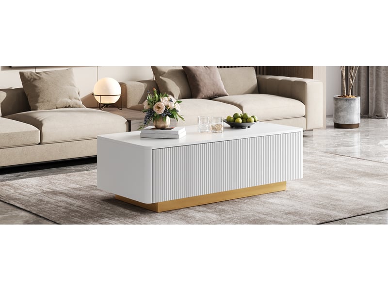  Table basse avec 2 tiroirs, façade rainurée, niches ouvertes et coins arrondis pour salon, en mdf blanc 110×50×35 cm  - Conforama E