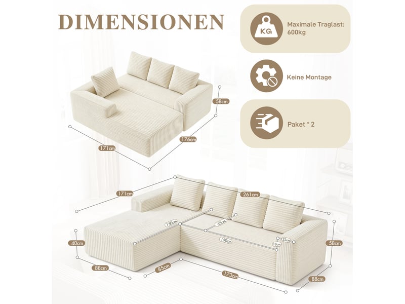Canapé d'angle modulaire 4 places avec méridienne réversible sans montage, velours côtelé beige 261 × 171 × 58 cm - Conforama C