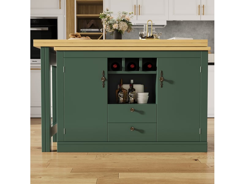  Table de bar extensible design avec fonction de rotation 360° et rangements, longueur ajustable de 120 à 180 cm, salon, salle à manger, home office, vert antique  - Conforama B