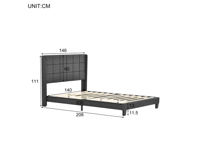  Lit double rembourré 140x200 cm gris avec sommier et matelas à ressorts h3  - Conforama C