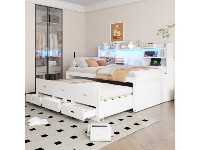  Lit enfant 90x200 cm avec lit gigogne 90x190 cm, led, 3 tiroirs, chevet rangement, usb, blanc, sans matelas  - Conforama B
