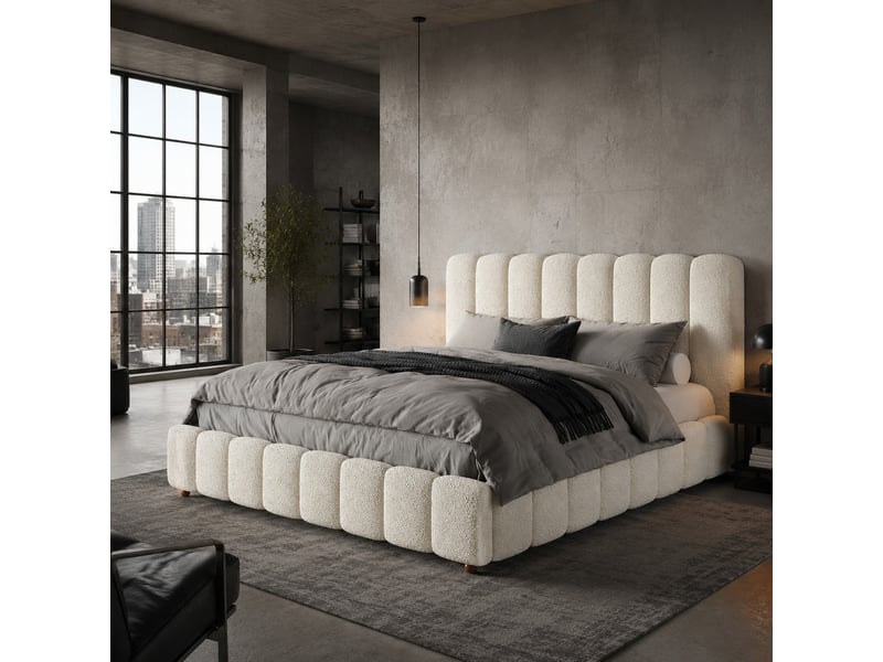  Lit coffre 160 x 200 cm en bouclé blanc avec sommier à lattes et tête de lit  - Conforama C