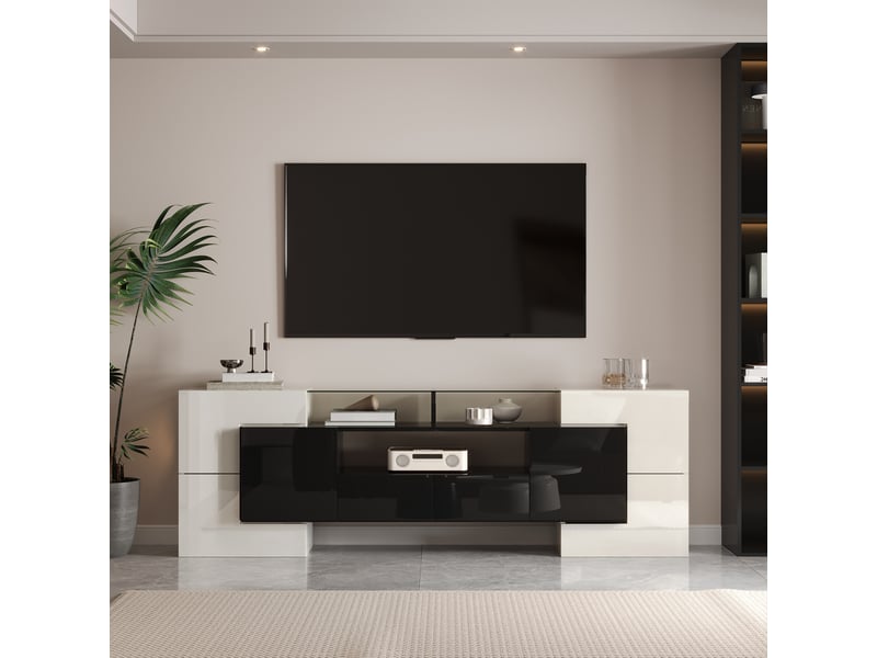  Meuble tv avec 6 portes, 2 tiroirs, 3 niches et led pour salon 200×35×60 cm blanc et noir  - Conforama C