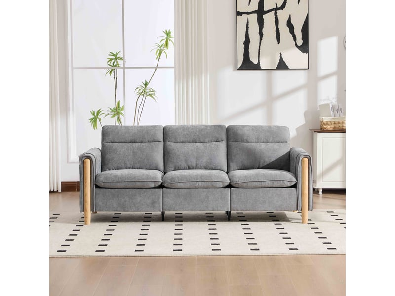  Canapé d’angle 3 places 201x77x86 cm en chenille avec pouf coffre réversible, poches latérales et pieds en bois - gris clair  - Conforama E