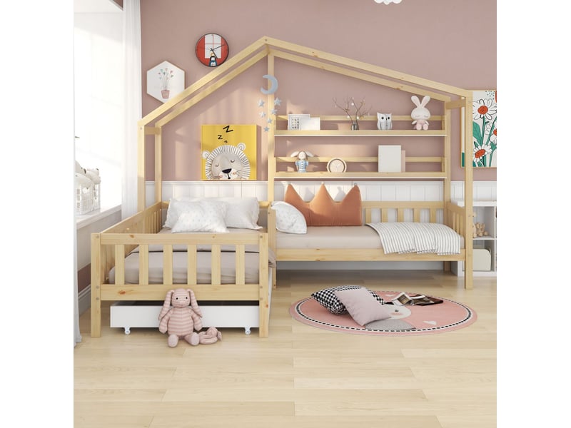  Lit enfant cabane en l 90x200 et 140x70 cm avec tiroir, étagères, barrières, naturel  - Conforama D