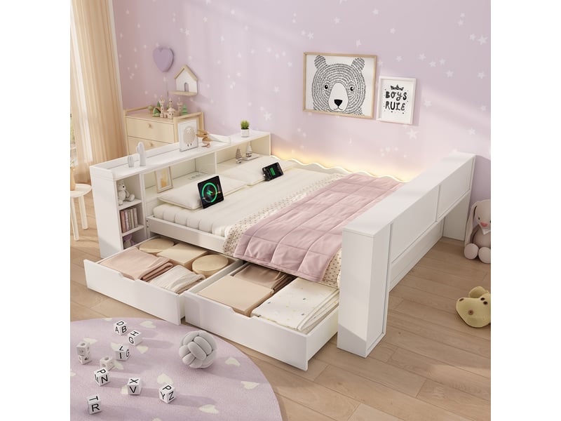  Canapé-lit 140x190cm - avec 2 tiroirs - avec éclairage led et prises de recharge - avec bureau extensible - blanc (matelas non inclus)  - Conforama B