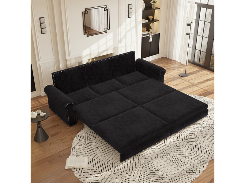  Canapé 3 places convertible en velours, 238 cm, noir, mécanisme coulissant 3-en-1, dossier réglable, accoudoirs roulés, montage requis  - Conforama W