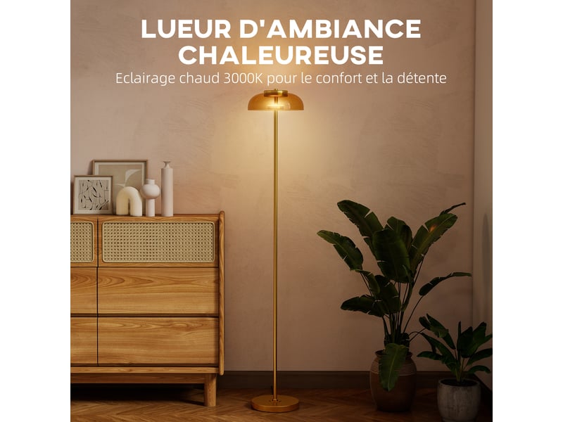  Lampadaire sur pied de salon, lampe salon led avec lumière chaude 3000 k et interrupteur à pied, ø25x134cm, ton laiton  - Conforama D