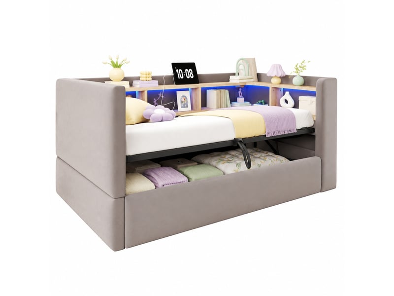  Lit coffre 90x190 cm à ouverture hydraulique avec led et prises en flanelle gris foncé  - Conforama A