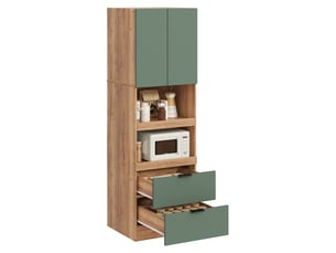 Buffet de cuisine haut 59,5x45x200 cm vert avec espace micro-ondes, 2 tiroirs, tablettes coulissantes et anti-basculement