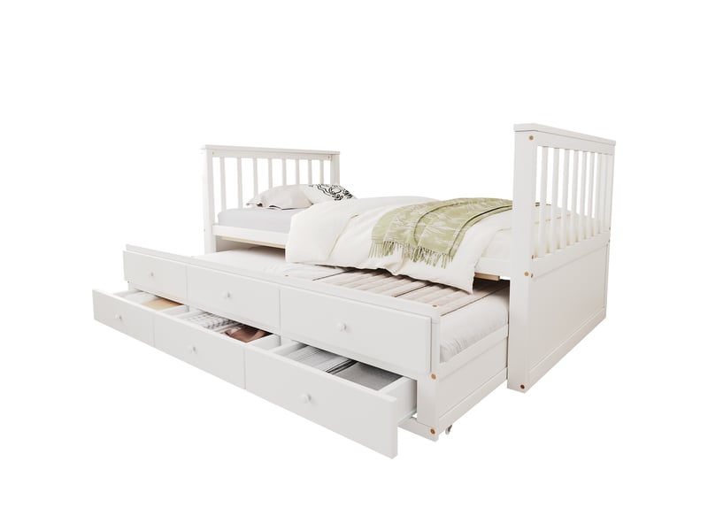  Lit gigogne 90x200 cm en bois massif blanc avec lit d'appoint 90x190 cm et 3 tiroirs  - Conforama A
