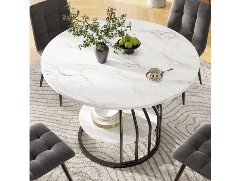  Table à manger ronde 4 places 80 x 80 x 76 cm, compartiment de rangement central, couleur noir, plateau en fibres de bois à l'aspect marbré  - Conforama D