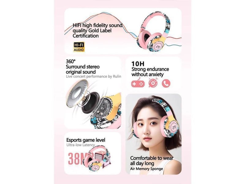  Casque bluetooth 5.1 pliable rose led antibruit micro  - Conforama E
