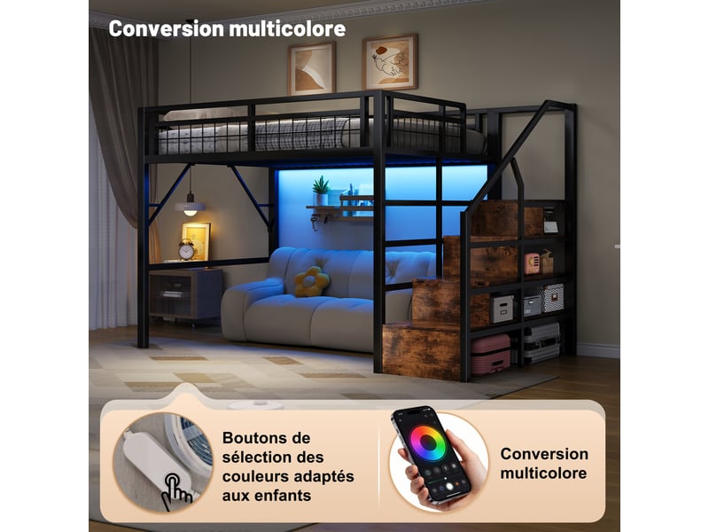  Lit mezzanine 140x200cm avec escalier de rangement, led et espace libre aménageable,métal noir Bliss Lite - Conforama D