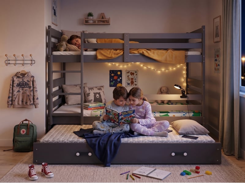 Lit superposé 3 places eric 90x190 cm + lit tiroir 80x180 cm interbeds - bois massif de pin - gris - Conforama R