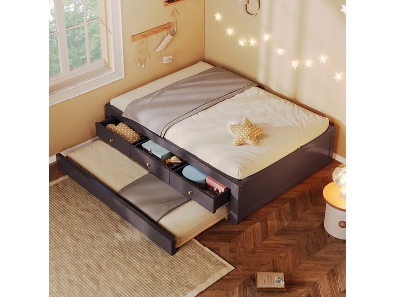  Lit gigogne 90 × 200 cm avec 3 tiroirs de rangement et lit d'appoint coulissant en mdf et bois de pin brun café  - Conforama B