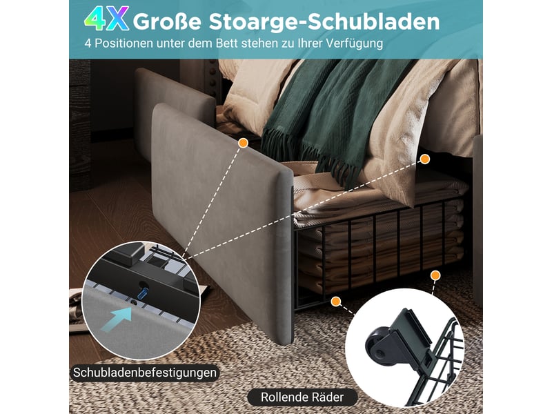  Lit rembourré, lit double 160x200 cm, 4 tiroirs, led, usbusb-c, sommier à lattes, matelas inclus, velours gris  - Conforama W