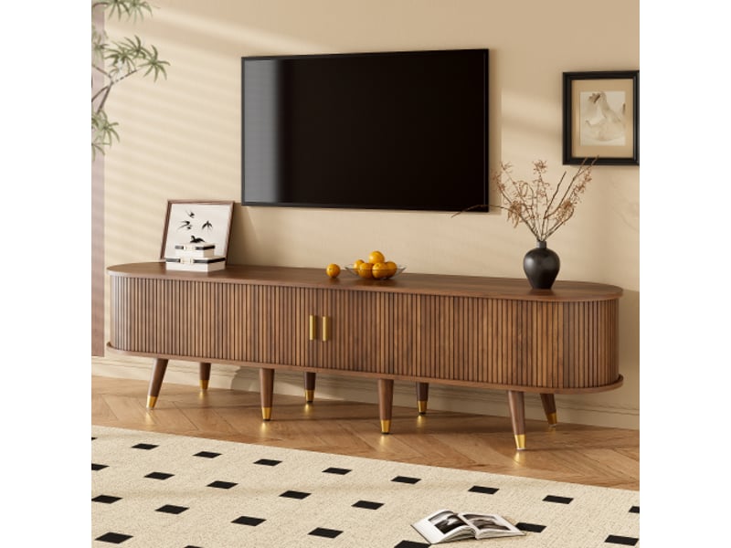  Meuble tv 175 cm – portes coulissantes en rotin, finition noyer, rangements ouverts, tiroirs et placard campagnard  - Conforama B
