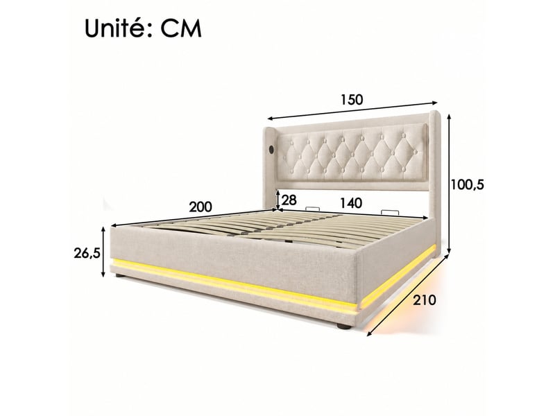  Lit coffre 140x200 beige, ouverture hydraulique, coton rembourré, led 3 côtés, usb-c  - Conforama C