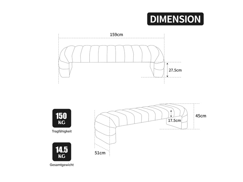  Banquette rembourrée modenvie en chenille grise 160 x 51 x 45 cm à rainures  - Conforama C