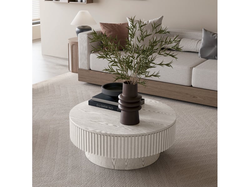  Table basse ronde avec coffre de rangement sous plateau, finition laquée blanc rétro, style moderne en mdf 75×75×35 cm  - Conforama E