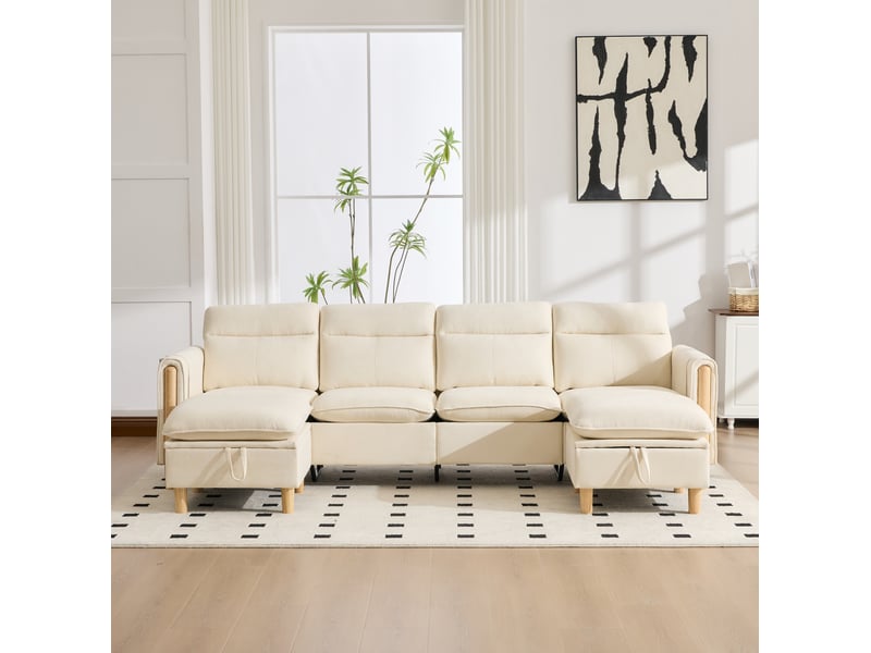 Canapé modulable 4 places en u modenvie avec 2 poufs coffres, tissu chenille beige, 261 x 77 x 86 cm - Conforama D