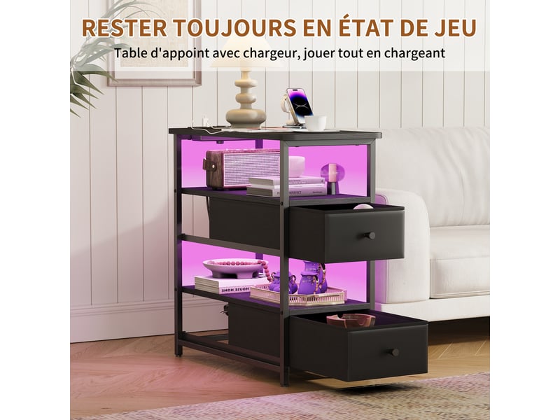 Table de chevet noire 4 niveaux – 2 tiroirs + led rgb, ports usbc & eu, 58×28×60,5 cm  - Conforama R