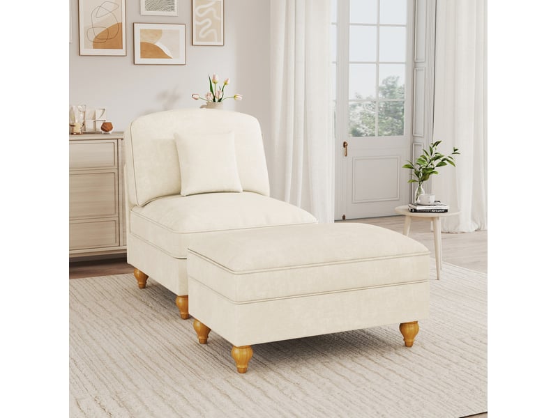  Fauteuil lounge modenvie en chenille blanc avec repose-pieds mobile et housse à volants  - Conforama D