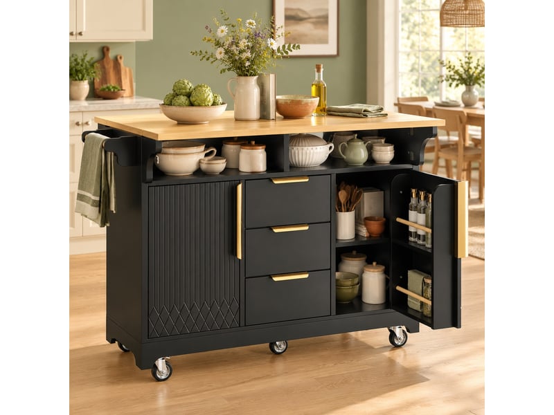  Îlot de cuisine extensible à roulettes avec rangement - lpospi - 3 tiroirs, mdf noir, 120 × 40 × 95 cm  - Conforama B
