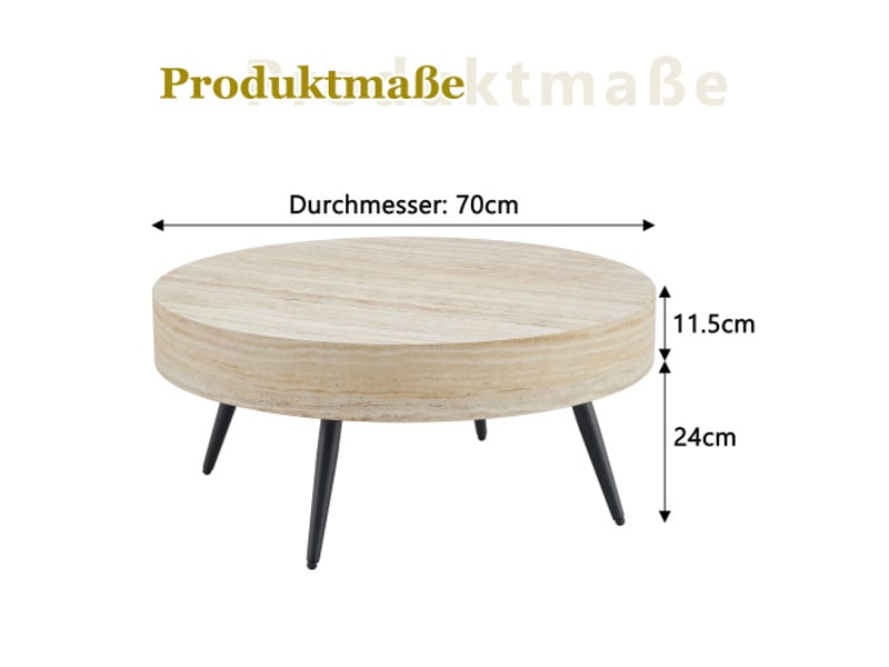  Table basse ronde 70 cm - effet travertin clair, mdf, pieds métal noirs - design minimaliste, idéal petit salon  - Conforama C